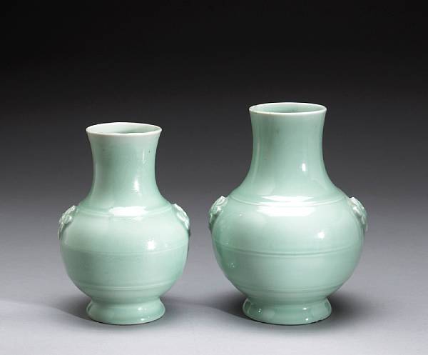 Appraisal: Two celadon glazed porcelain hu-form vases Yongzheng Marks Republic Period