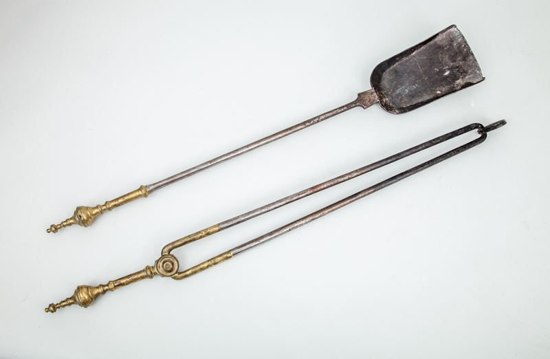 Appraisal: BRASS-HANDLED WROUGHT-IRON FIRE TONGS AND A MATCHING HEARTH SHOVEL Both