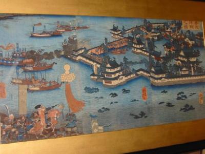 Appraisal: JAPANESE SCHOOL Busy Harbour Scene woodblock th century x ebonised