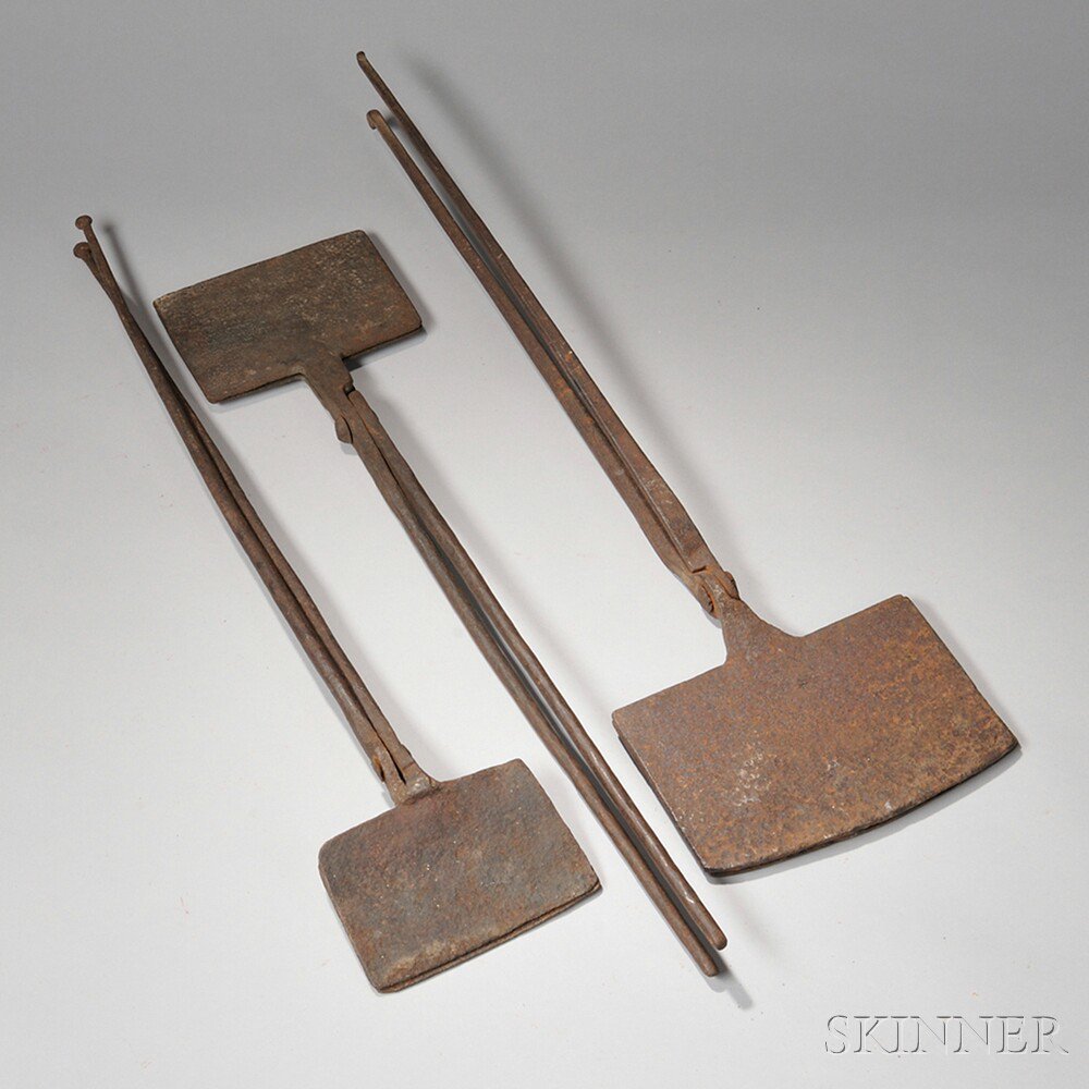 Appraisal: Three Wrought Iron Wafer Irons America c one with plate