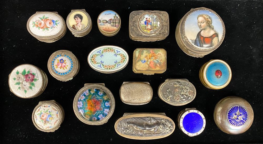 Appraisal: Pill Boxes Mostly silver with decorated tops including Battersea style