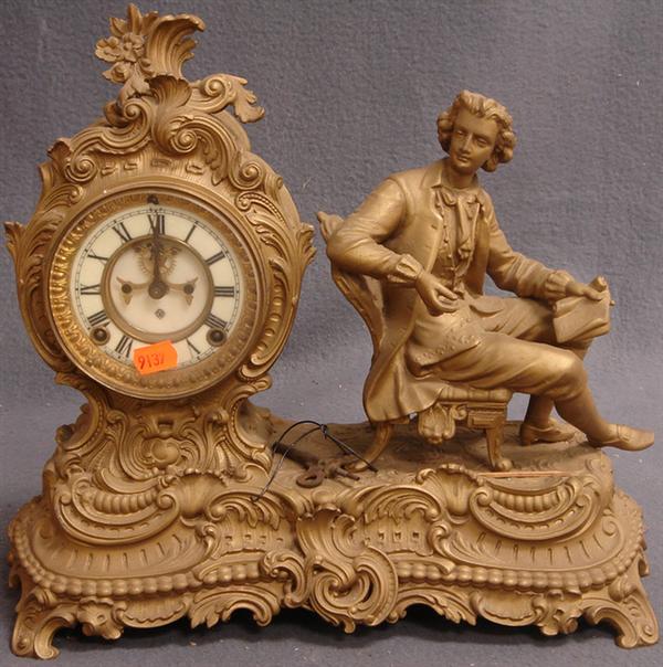 Appraisal: Ansonia figural mantle clock seated rococo gentleman with scroll h