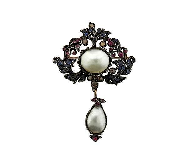 Appraisal: Antique Victorian Silver Pearl Sapphire Ruby Brooch Pin METAL sterling