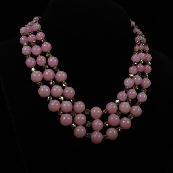 Appraisal: Miriam Haskell Multi-strand Pink Glass Beaded Necklace with Rhinestones