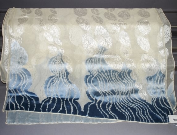 Appraisal: White cream blue sheer long silk scarf with leaves pattern