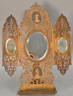 Appraisal: European reticulated carved dresser mirror with inlaid plaques and folding