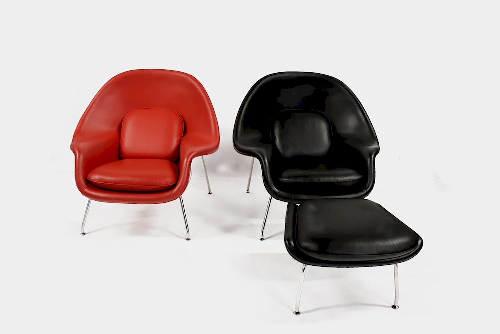 Appraisal: MIDCENTURY PAIR Red Black Womb Chairs With Ottoman x x