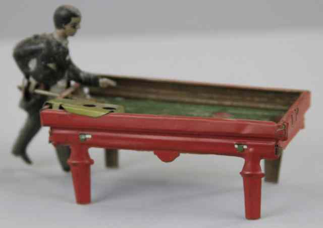 Appraisal: KELLERMAN BILLIARD PLAYER PENNY TOY Germany lithographed tin well detailed