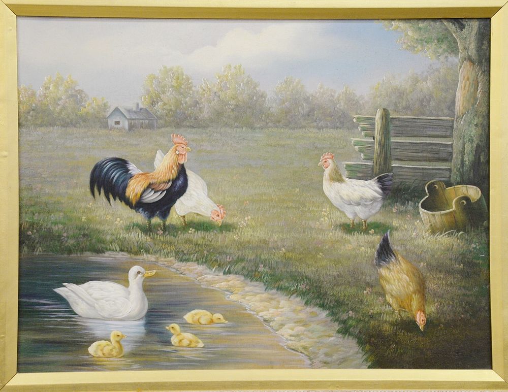 Appraisal: Contemporary oil on canvas of roosters by ponds edge with