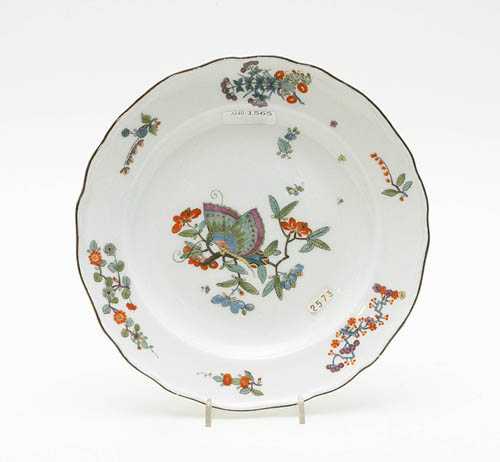 Appraisal: PLATE WITH BUTTERFLY DECORATION Meissen circa Painted in Famille Verte