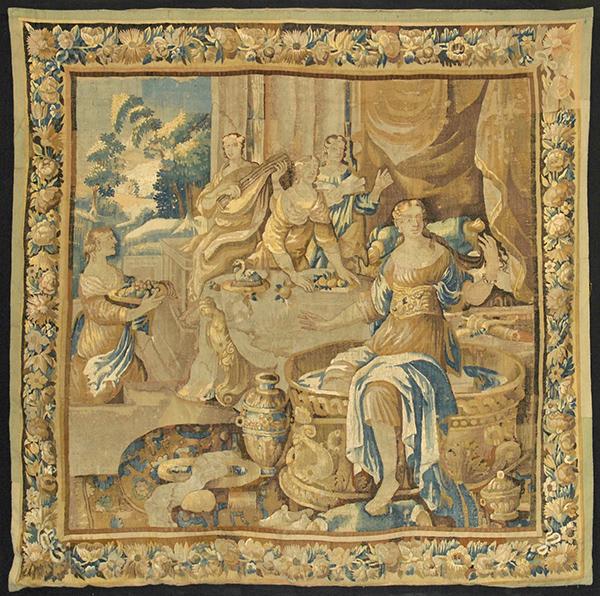 Appraisal: A FRENCH TAPESTRY depicting a romantic scene in a lush