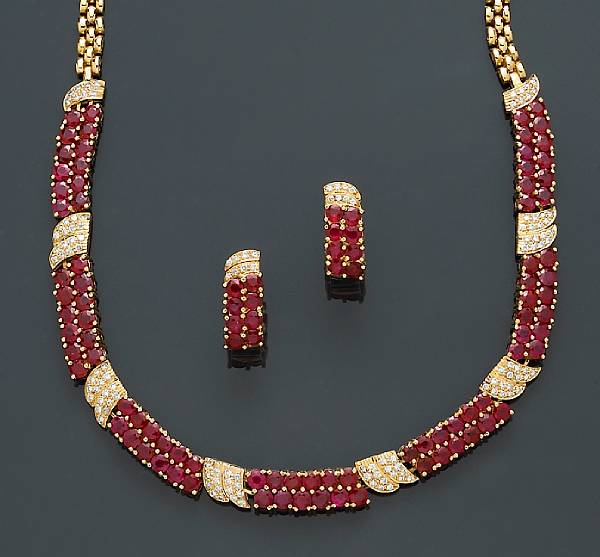 Appraisal: A set of ruby and diamond jewelry comprising a necklace