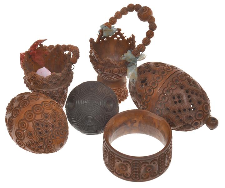 Appraisal: GROUP OF COQUILLA NUT CARVINGS INCLUDING BOXES