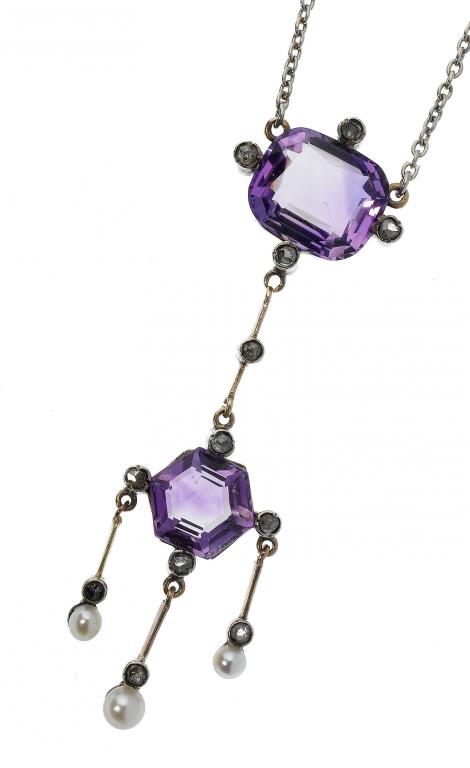 Appraisal: A DIAMOND AMETHYST AND SEED PEARL PENDANT with two larger