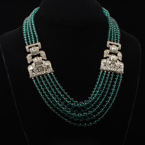 Appraisal: Art Deco Multi-strand Green Glass Beaded Necklace with Diamante Link