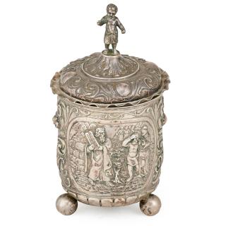 Appraisal: SILVER REPOUSSE COVERED BEAKER Scroll decorated with reserves depicting ecclesiastical