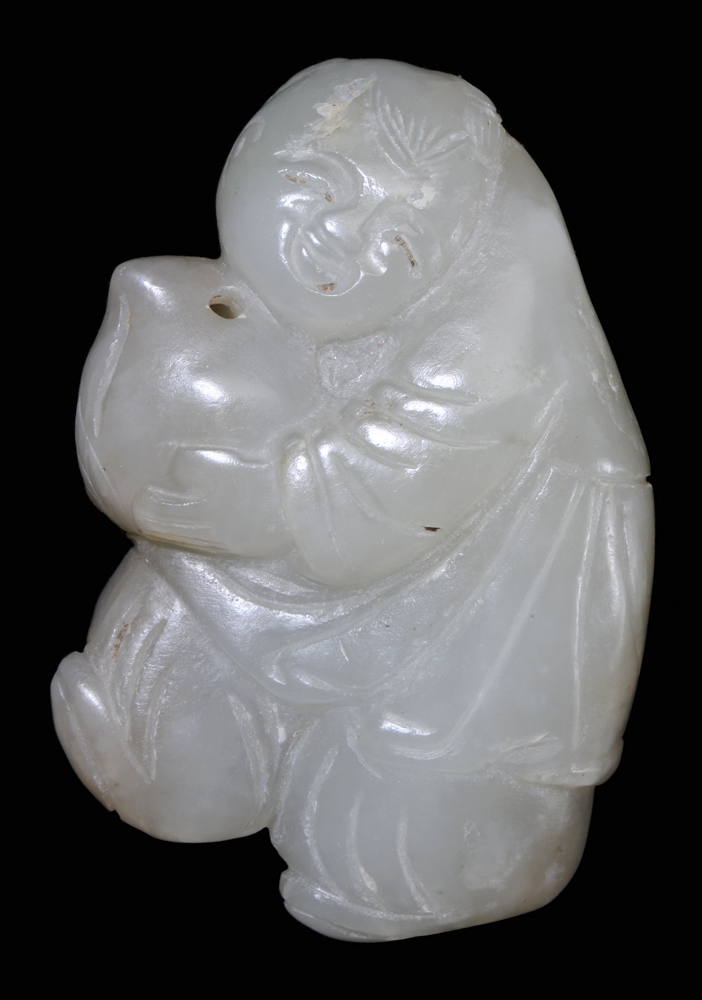 Appraisal: Celadon Jade Toggle Chinese Qing dynasty well-carved boy stepping forward