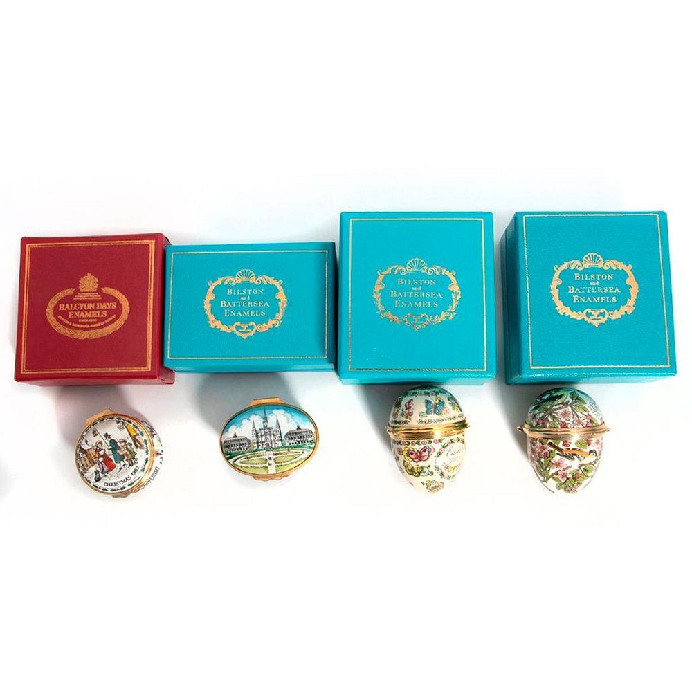 Appraisal: Bilston Battersea Enamel Boxes The collection of four including Christmas