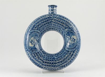 Appraisal: A Clews blue and white torus-shaped flask printed with four