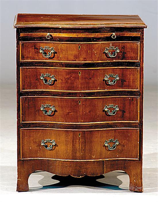 Appraisal: Diminutive English inlaid mahogany serpentine bachelor's chest early th centuryshaped