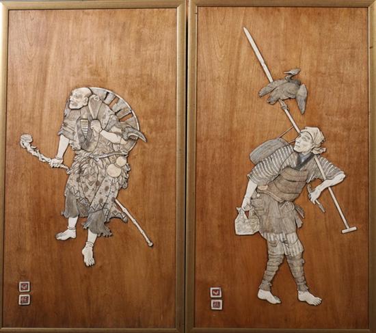 Appraisal: PAIR OF JAPANESE IVORY AND WOOD PLAQUES th century Each