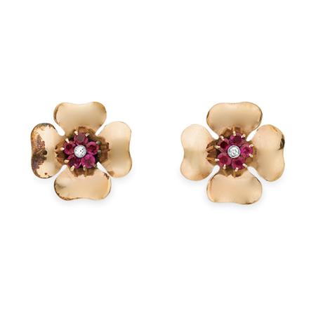 Appraisal: Pair of Rose Gold Ruby and Diamond Flower Earclips Estimate