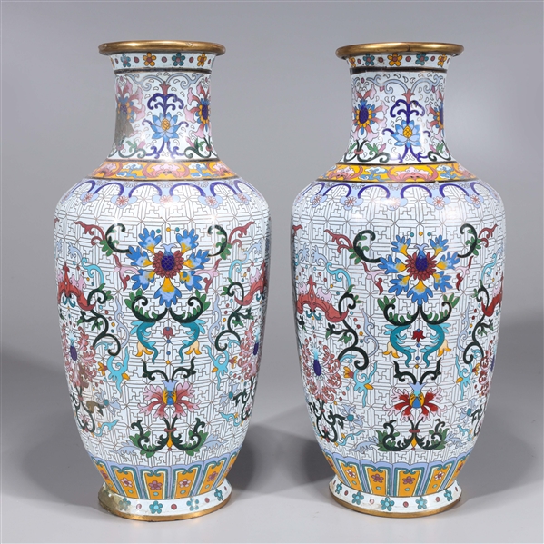 Appraisal: Pair of large Chinese white ground enameled cloisonn vases H