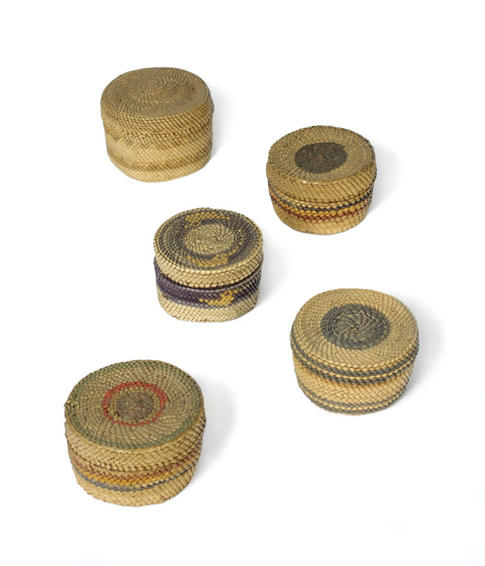 Appraisal: FIVE NORTHWEST COAST WOVEN SWEET GRASS CYLINDRICAL BOXES WITH LIDS