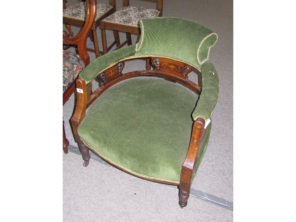 Appraisal: Edwardian rosewood and inlaid upholstered tub chair