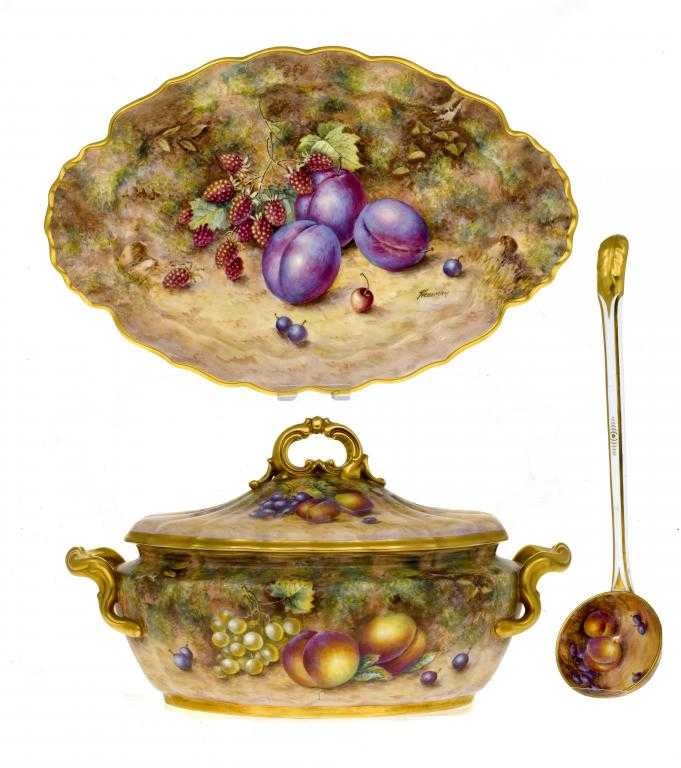 Appraisal: A ROYAL WORCESTER SOUP TUREEN COVER STAND AND LADLE painted