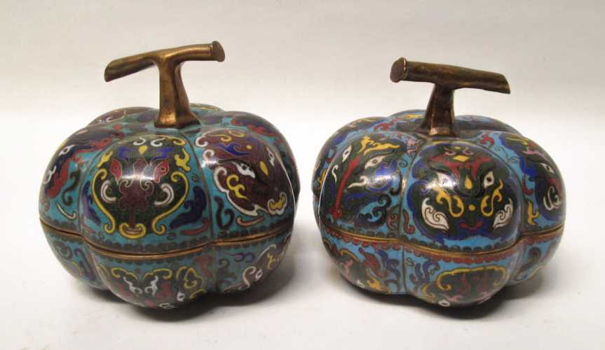 Appraisal: PAIR OF CLOISONNE COVERED BOXES gourd shape with metal stem