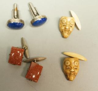 Appraisal: pr Cufflinks Chinese carved mask Fool's gold Blue stone in