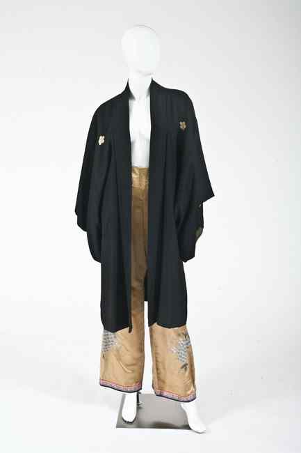 Appraisal: JAPANESE SILK KIMONO AND CHINESE SILK TROUSERS The Japanese black