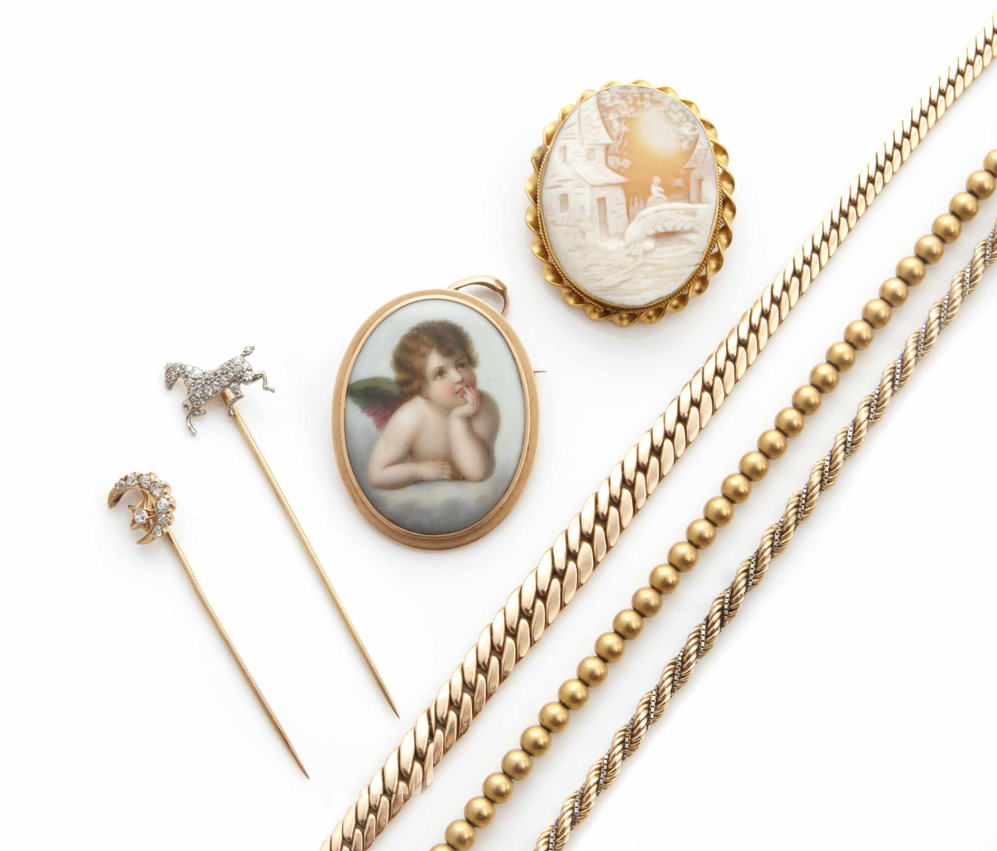 Appraisal: An assembled group of diamond cameo gold and metal jewelry