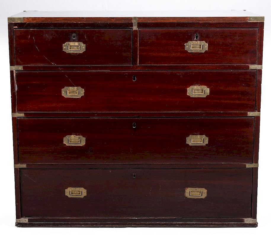 Appraisal: A TH CENTURY MAHOGANY CAMPAIGN CHEST A brass bound mahogany