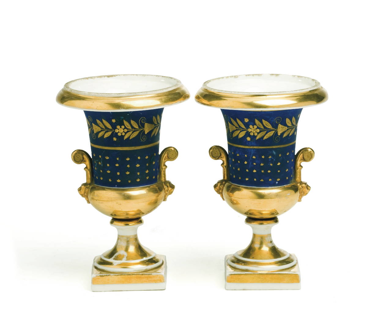 Appraisal: PAIR OF CONTINENTAL PORCELAIN GILT-DECORATED DARK BLUE-GROUND CAMPANA-FORM URNS Height