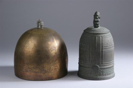 Appraisal: TWO JAPANESE BRONZE BELLS th century One decorated with chrysanthemum