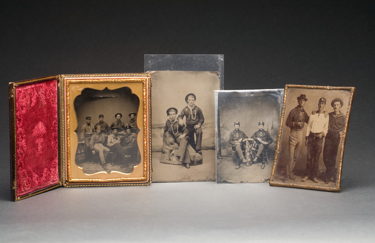 Appraisal: HALF-PLATE AMBROTYPE OF SEVEN SAILORS TOGETHER WITH THREE LARGE TINTYPES