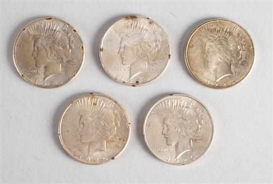 Appraisal: Five United States Peace silver dollars - various mints comprising