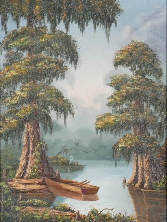 Appraisal: Florida wetland painting with a fisherman in a boat Signed