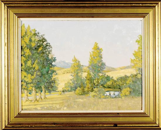 Appraisal: American school th century NEW ENGLAND AUTUMN oil on canvasboard