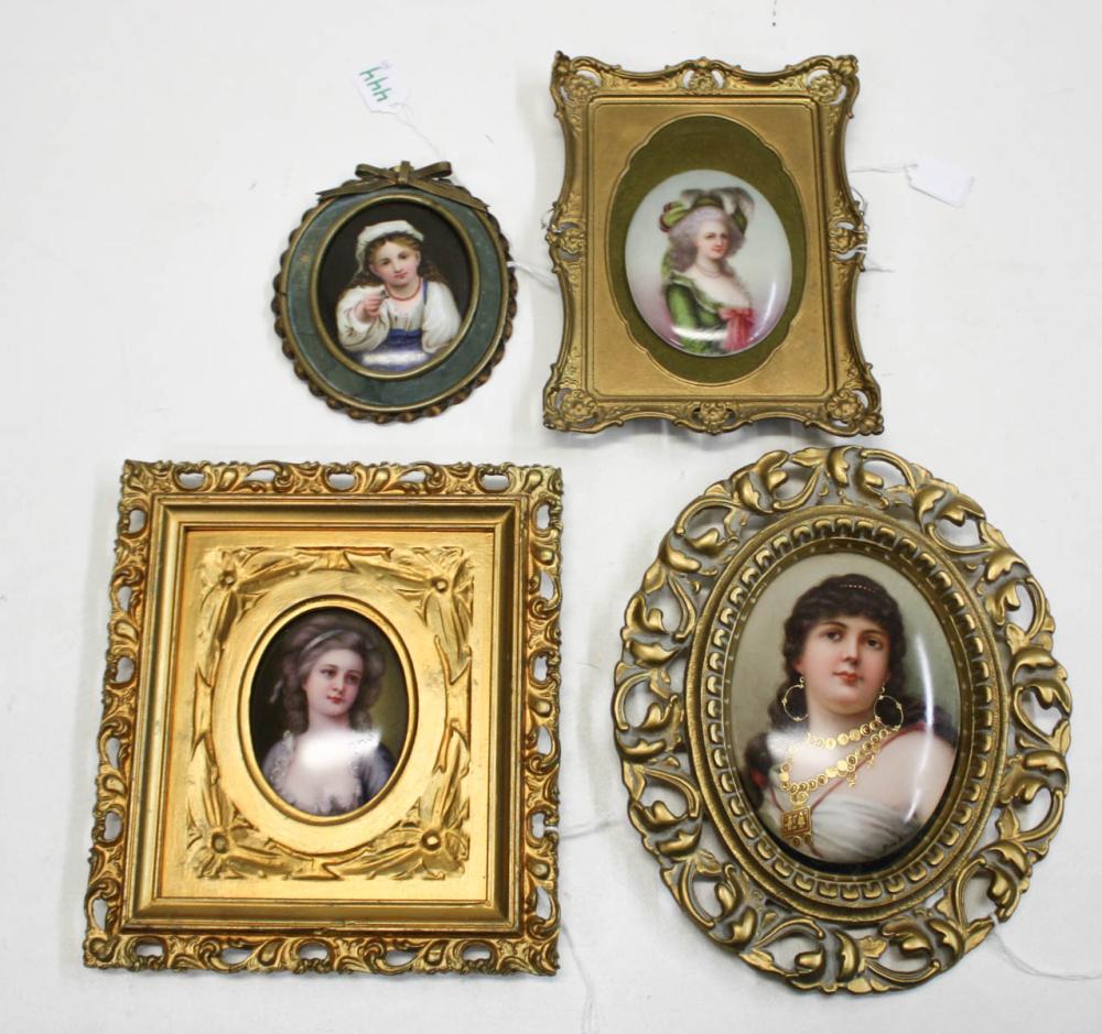 Appraisal: FOUR MINIATURE PORTRAITS ON PORCELAIN PLAQUES hand painting over prints