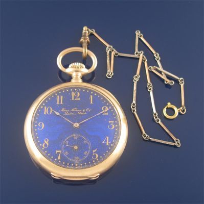 Appraisal: A gold open faced pocket watch the blue enamel dial