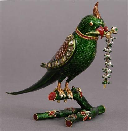 Appraisal: INDIAN GREEN-ENAMELED FIGURE OF A PARROT ON TWIG PERCH With