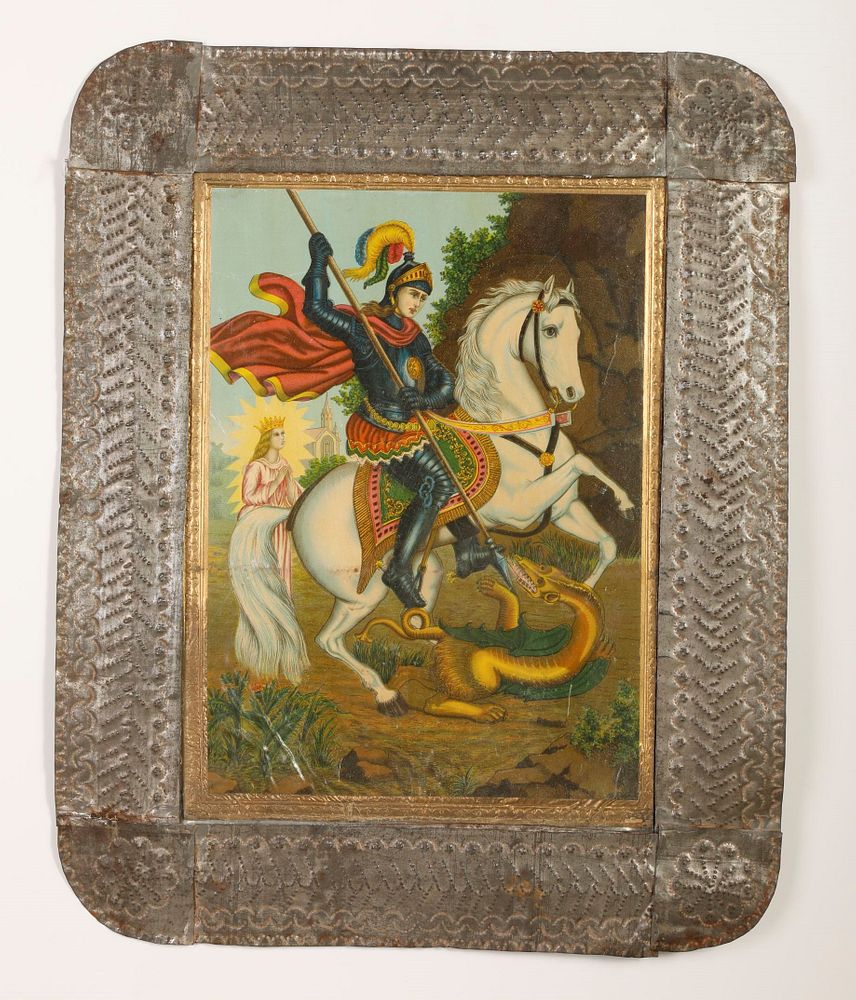 Appraisal: Two Tin Frames with Devotional Prints Attributed to Taos Serrate