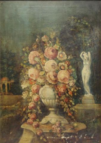 Appraisal: th C Oil on Canvas Still Life with Bouquet inLandscape