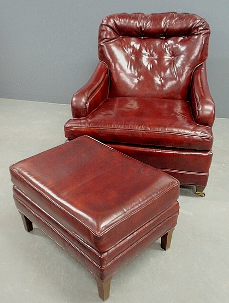 Appraisal: - Red leather chair and matching stool Chair h x