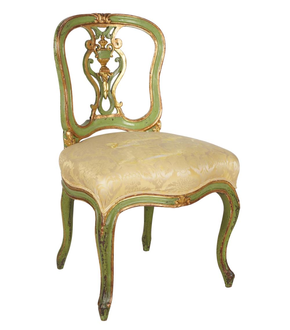 Appraisal: VENETIAN ROCOCO-STYLE PAINTED GILT CHAIRsilk-upholstered seat Provenance The Jim Belushi