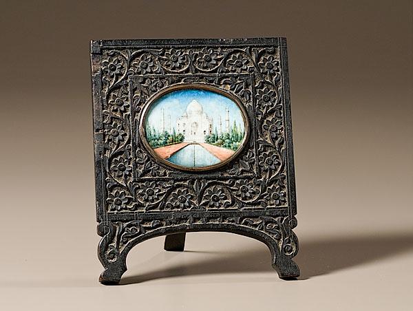 Appraisal: TAJ MAHAL MINIATURE ON IVORY IN CARVED FRAME late th