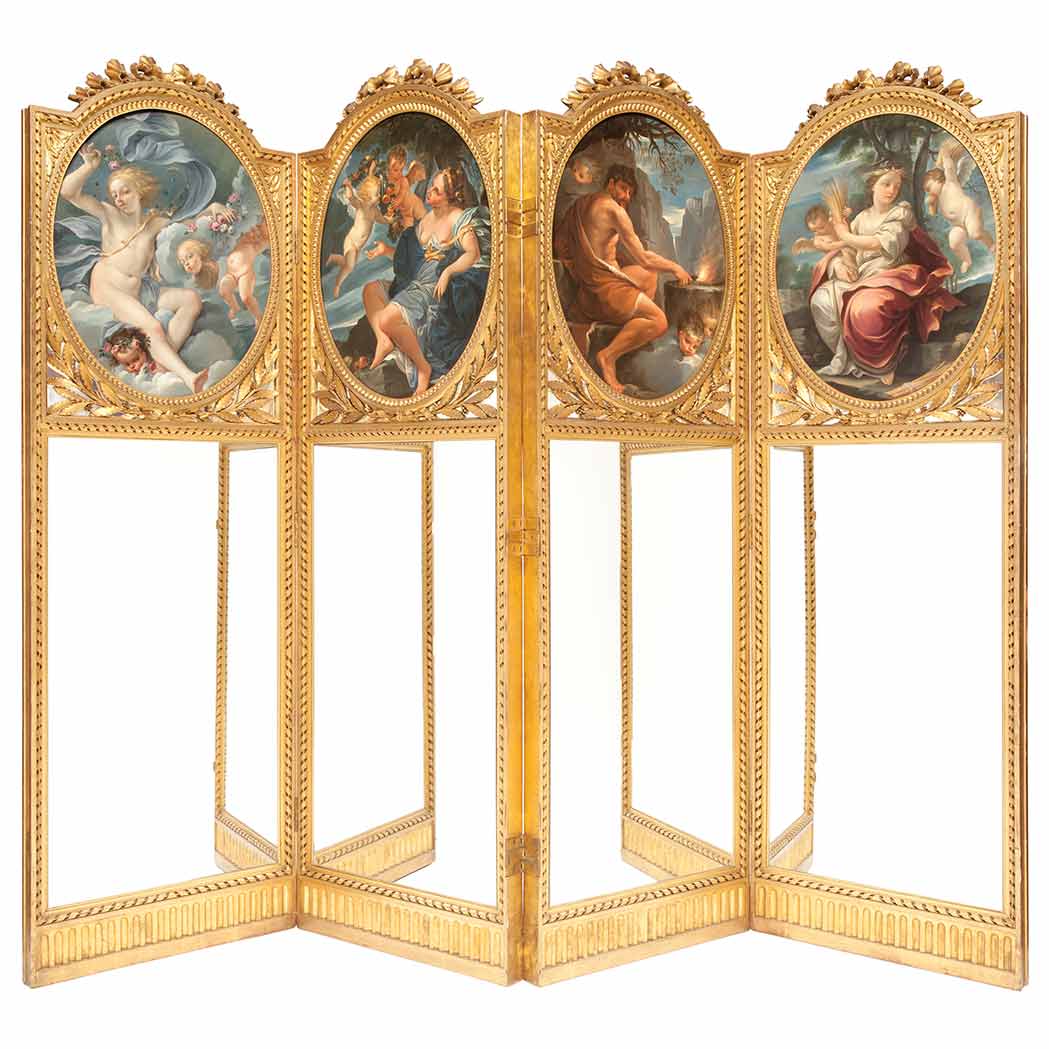 Appraisal: Lous XVI Style Allegorical Giltwood Painted and Mirrored Four-Panel Folding